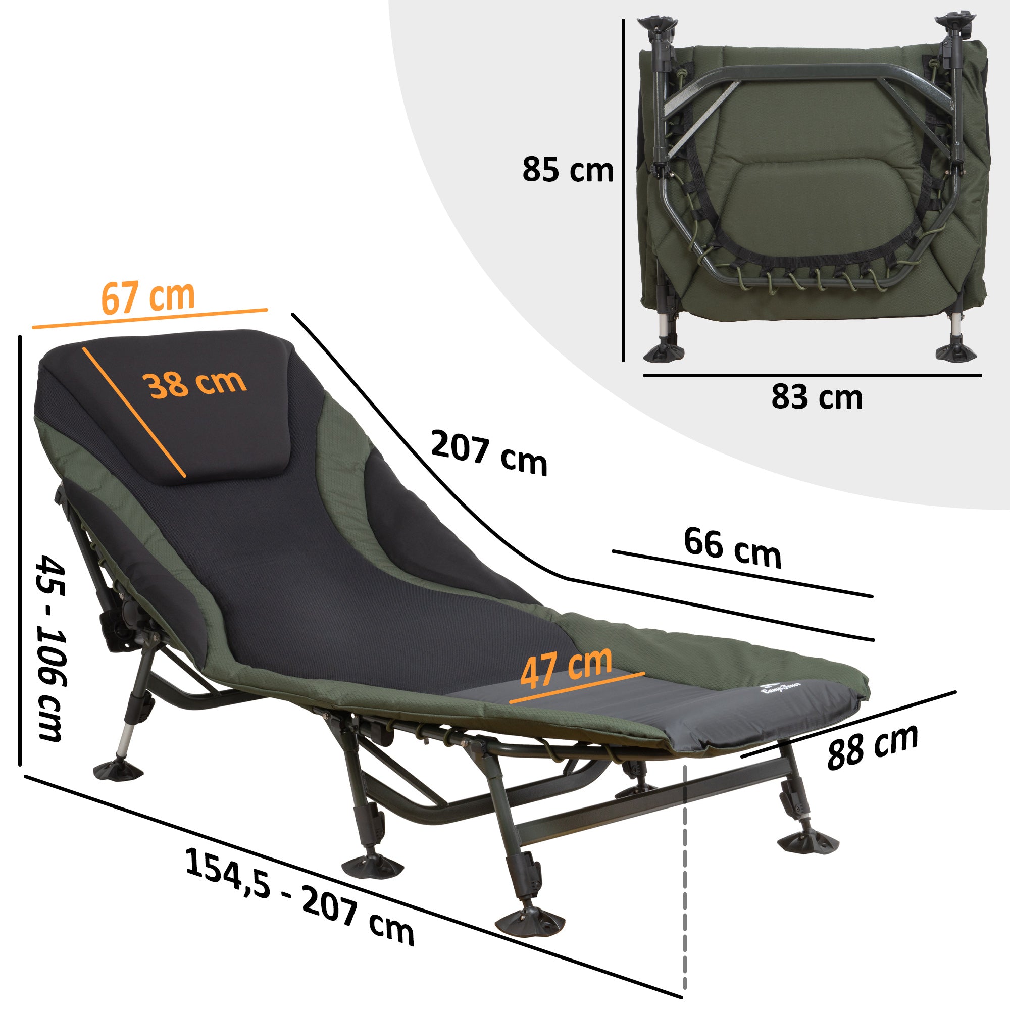 CampFeuer XXL pat pescuit 207x88 maro negru reglabil