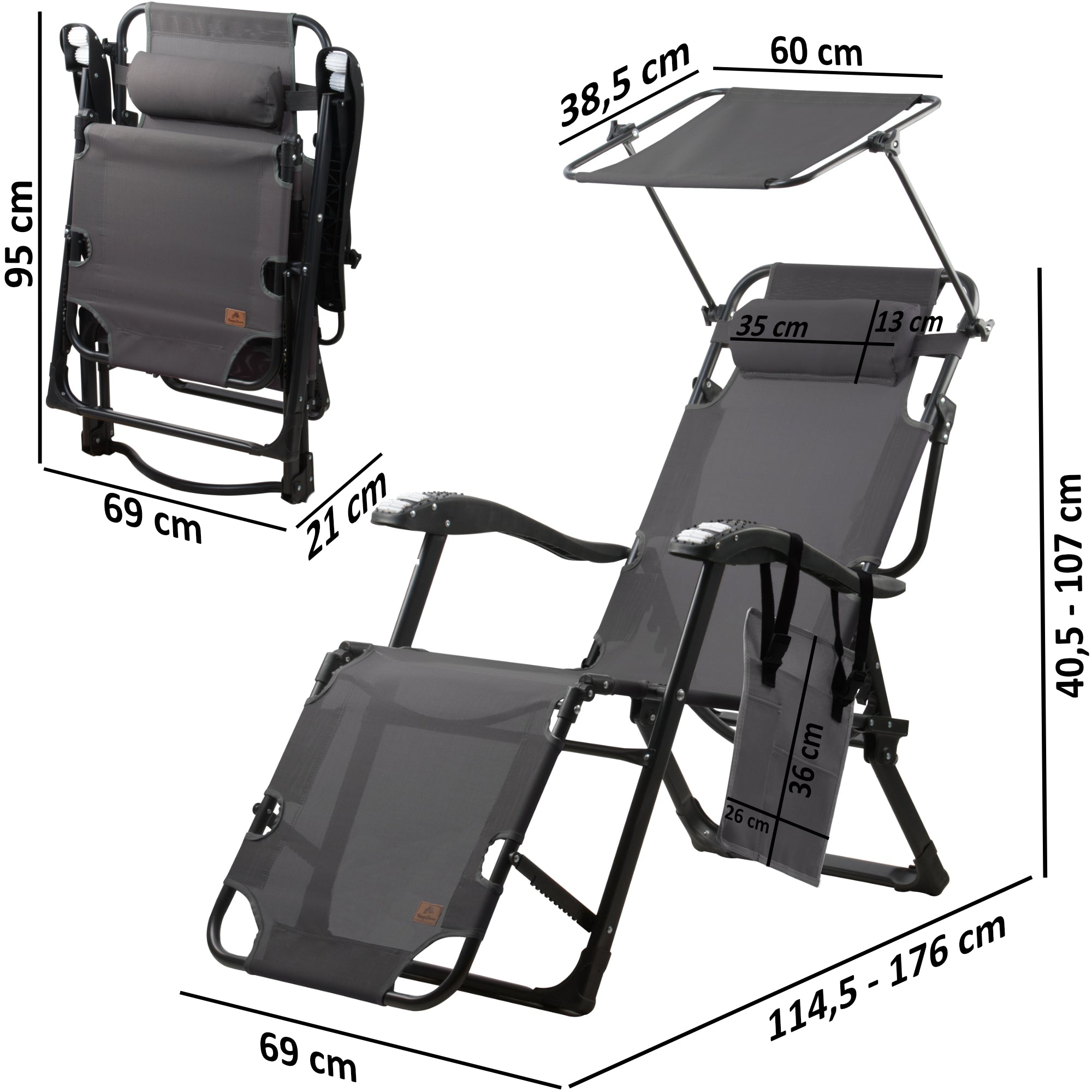 CampFeuer șezlong plajă cu copertină gri 176 cm